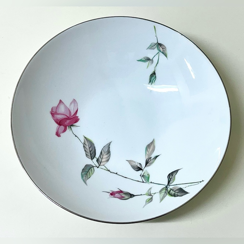 Vintage STYLE HOUSE Japan DAWN ROSE Platinum Trim Round Vegetable Serving Bowl